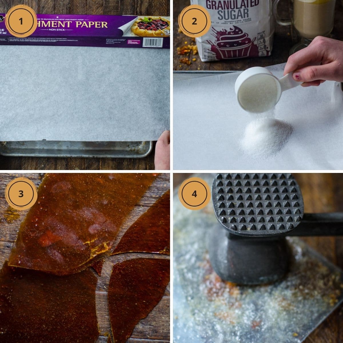 Four steps showing how to make brulee sugar.