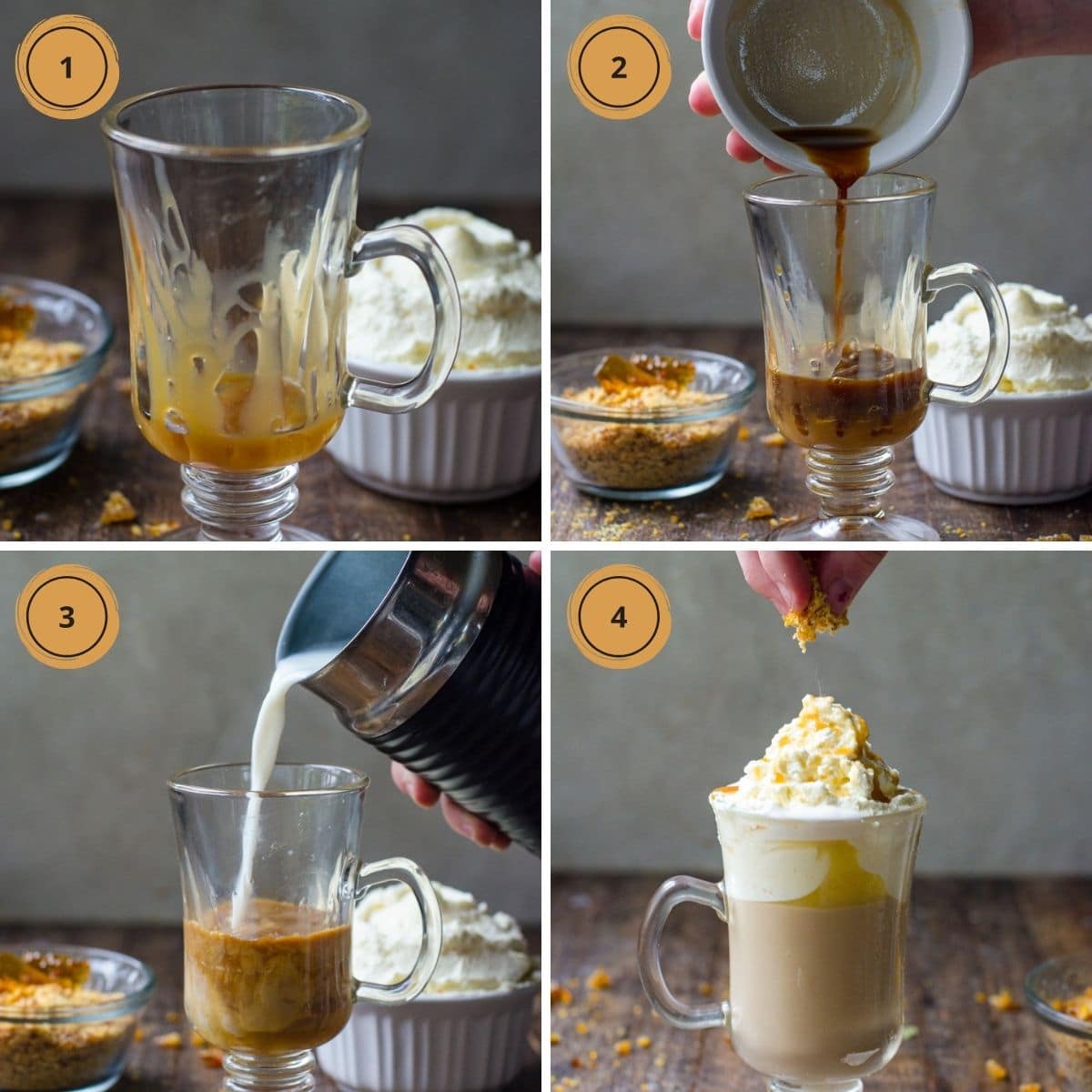 Four steps showing how to make homemade caramel brulee latte.