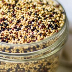 A jar of popped tricolor quinoa.