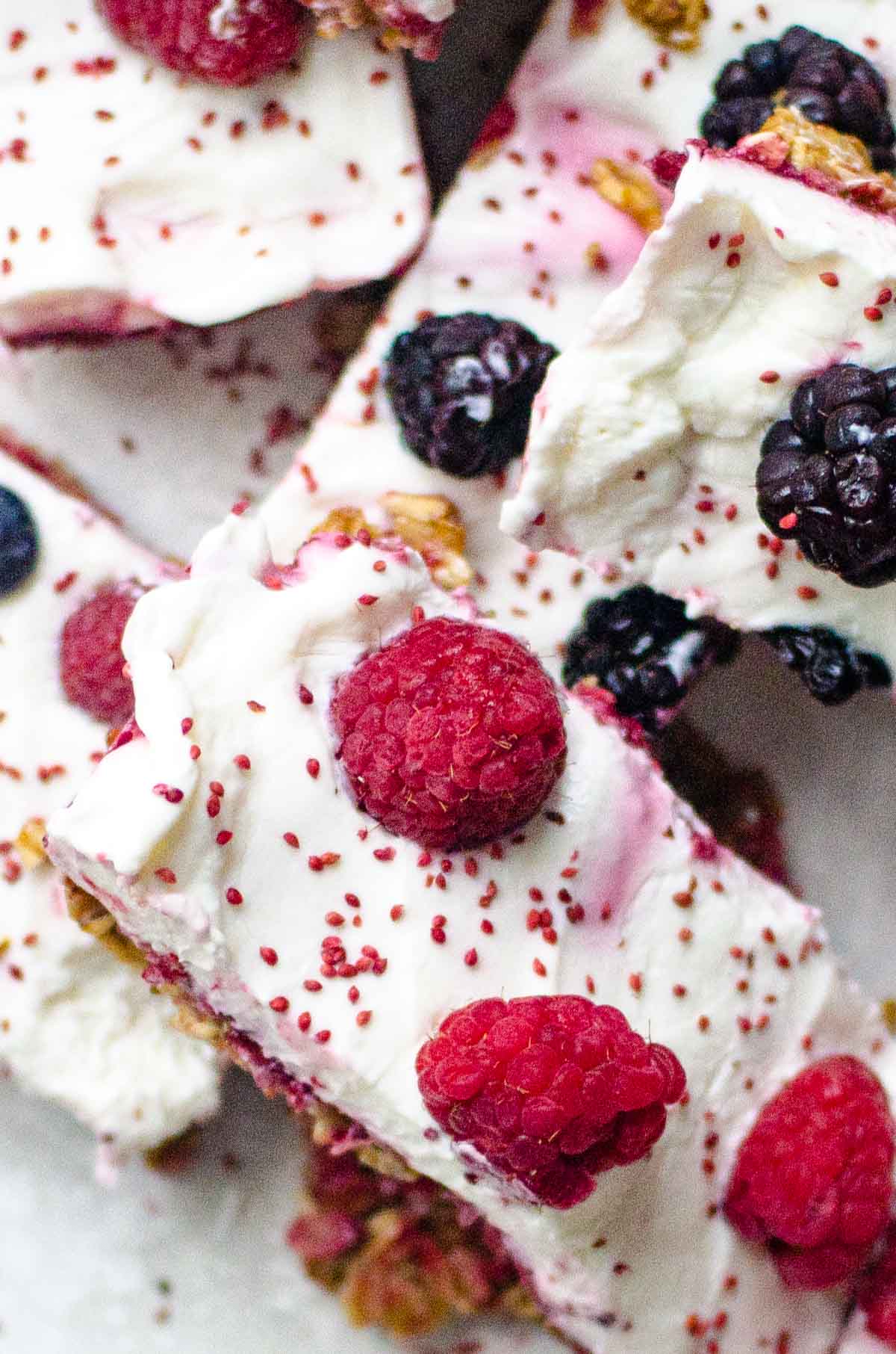 Stacked frozen yogurt bars with fresh berries and cranberry seeds on top.