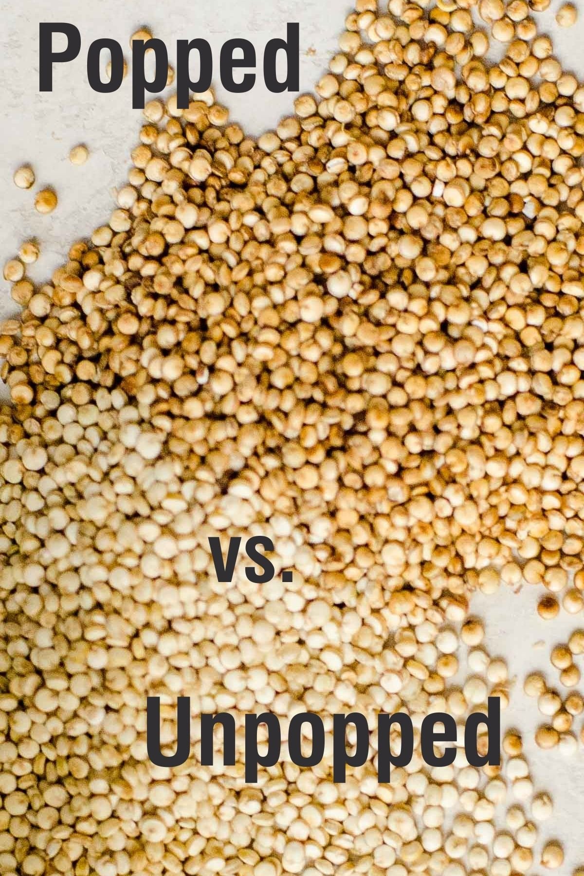 Side by side popped vs. unpopped quinoa showing toasty color.