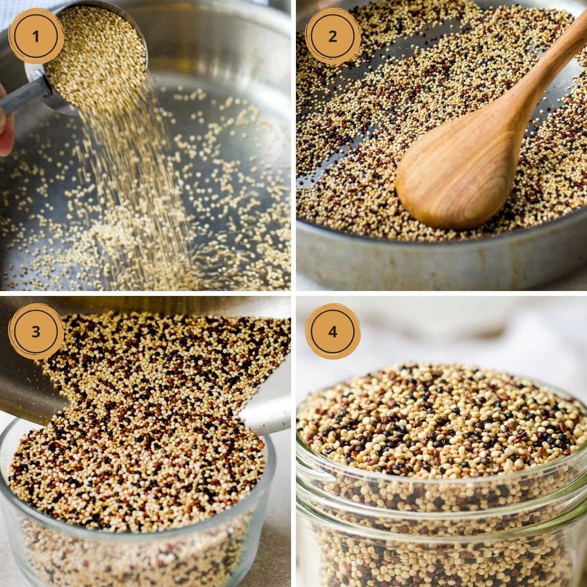 Four steps to making popped quinoa.