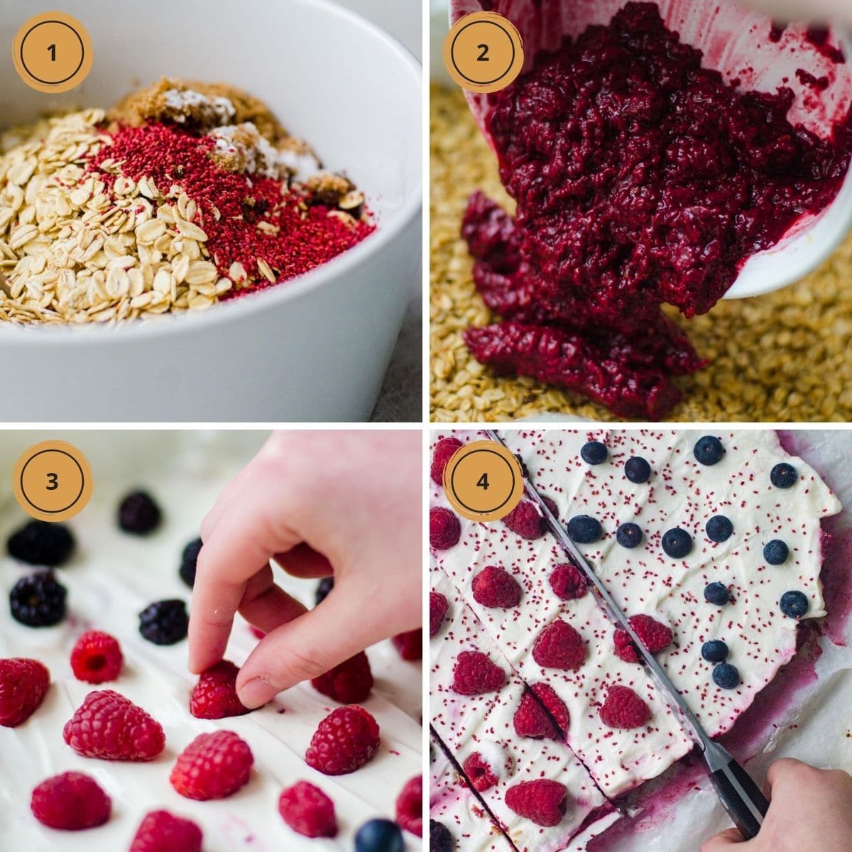 Four pictures showing steps to make greek yogurt bars.