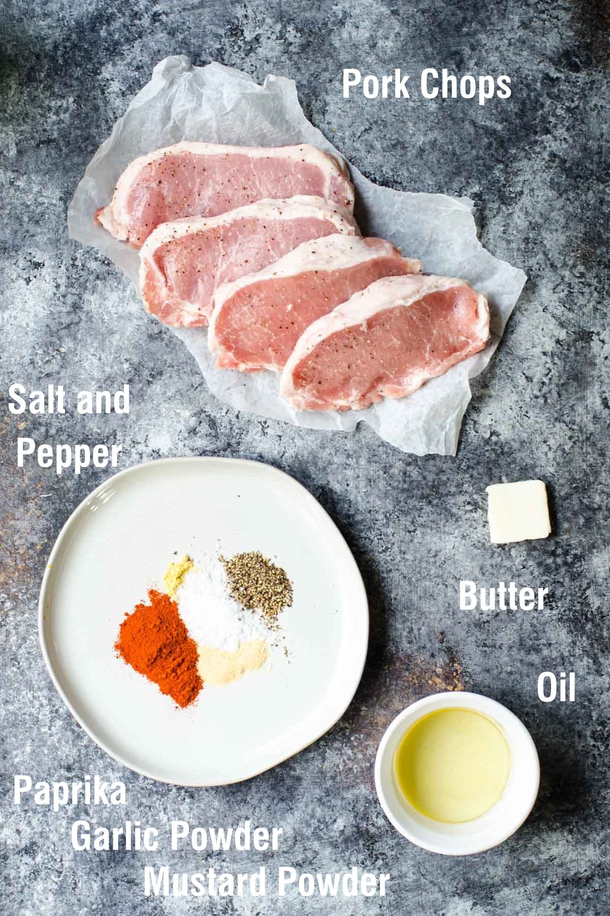 Labeled ingredients for making cast iron pork chops.