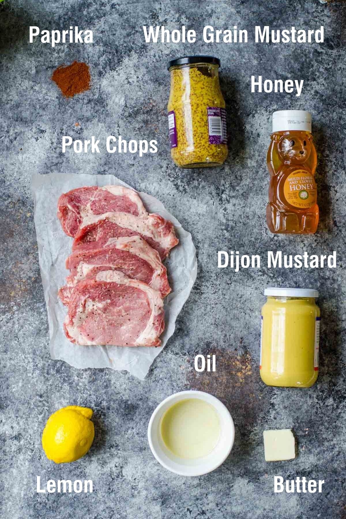 Labeled ingredients for honey mustard pork chops