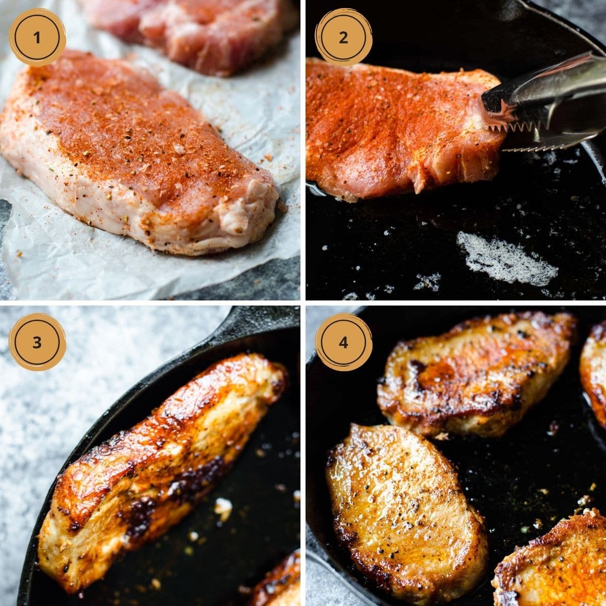 Four numbered images showing how to make cast iron pork chops.