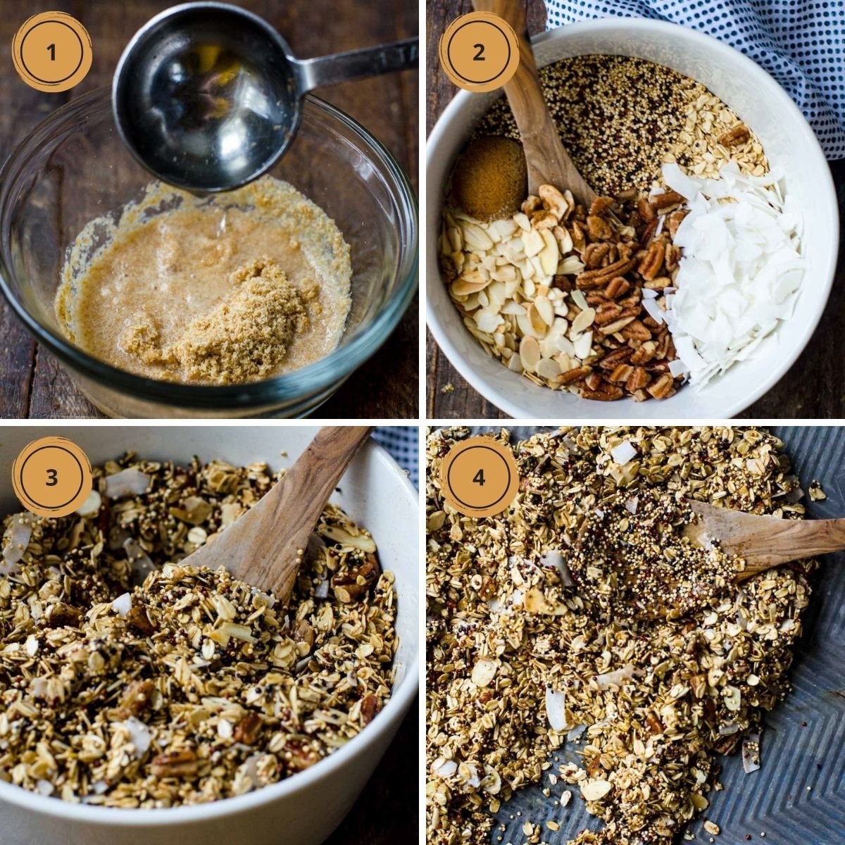 Four steps showing how to make high protein granola.