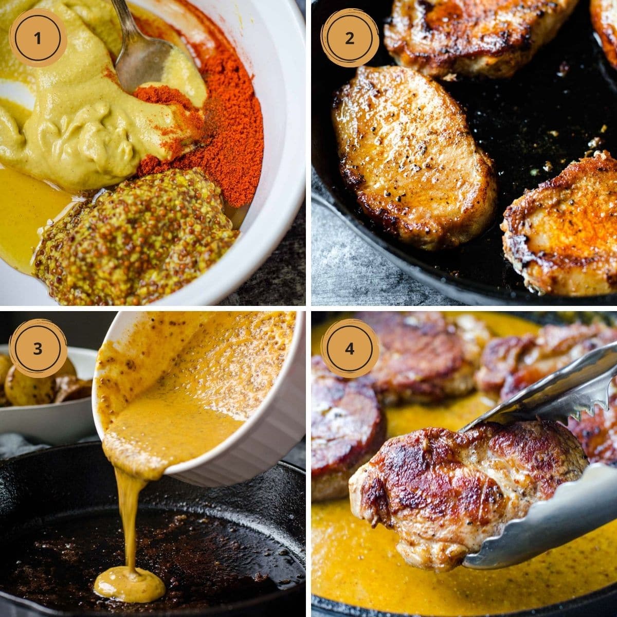 Four steps to make honey mustard pork chops.