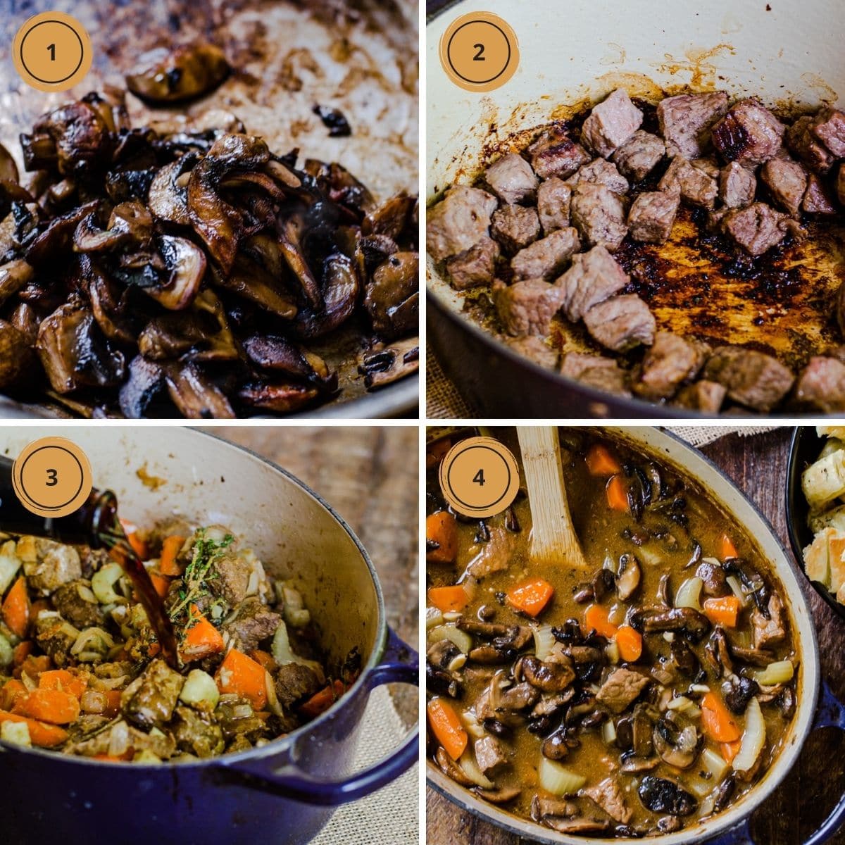 Four steps to making steak and ale soup.