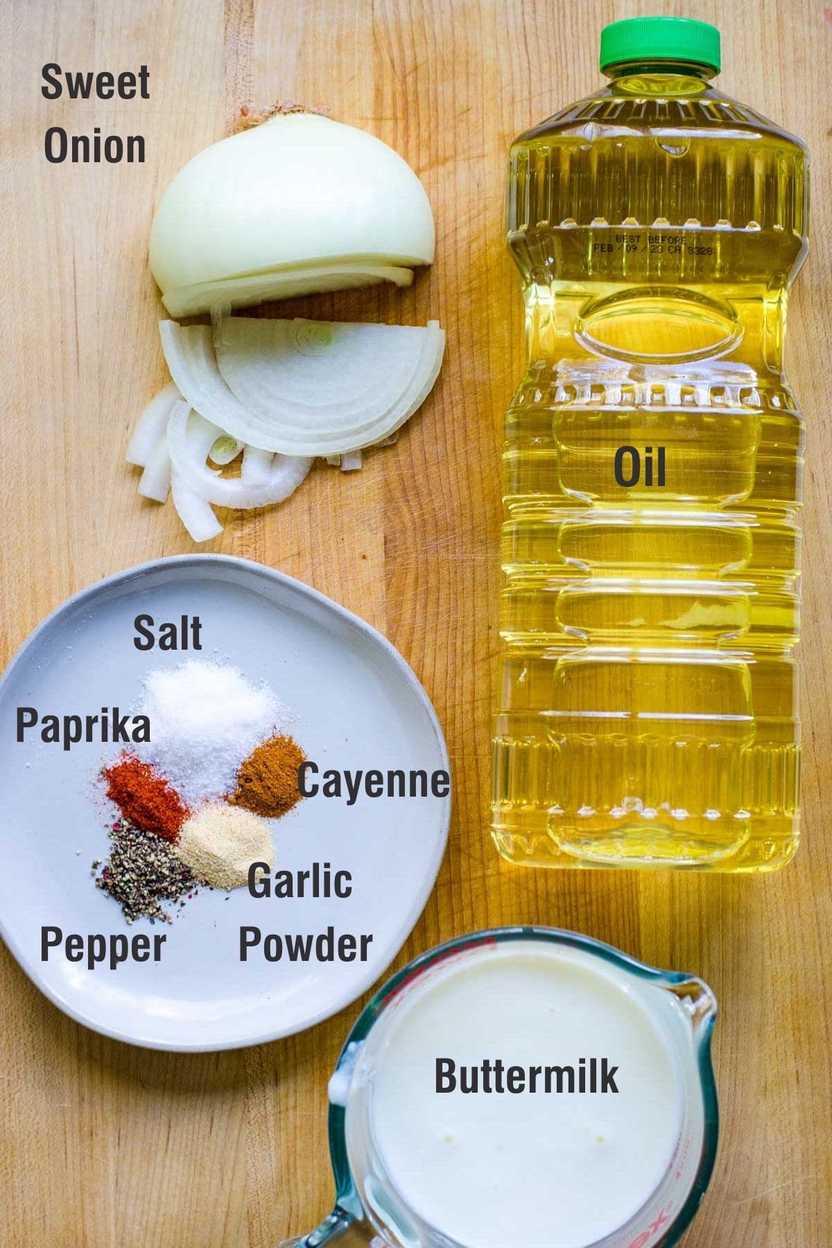 Ingredients for making crispy fried onion strings.