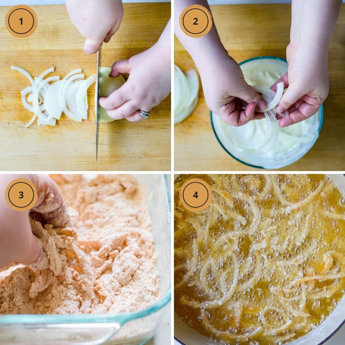 Four images showing steps to make crispy onion strings.