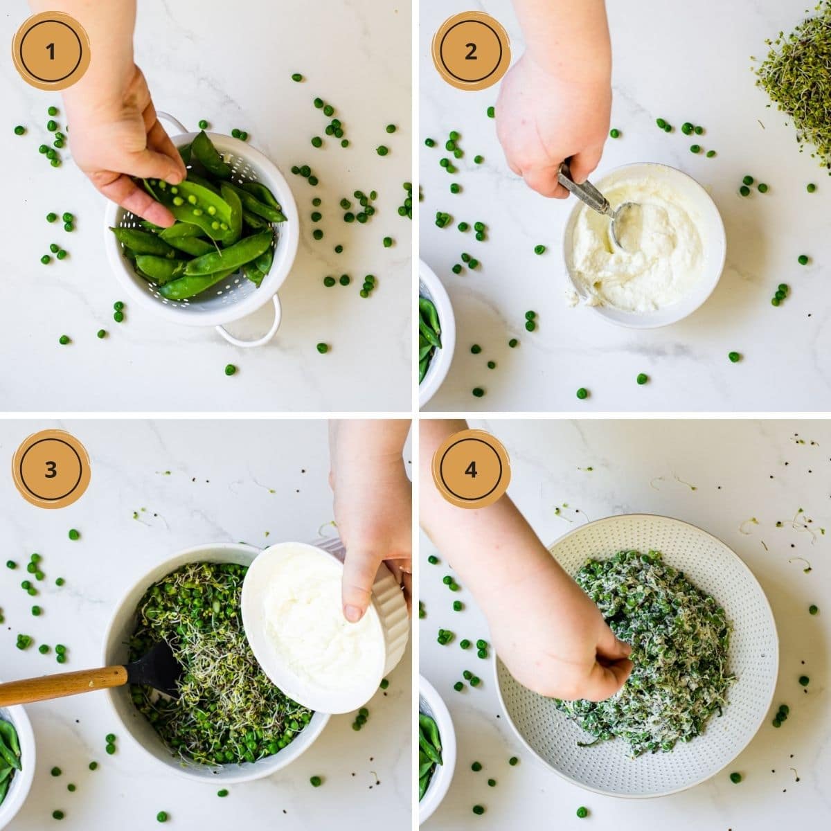 Four images showing the steps to make English pea salad with mint.
