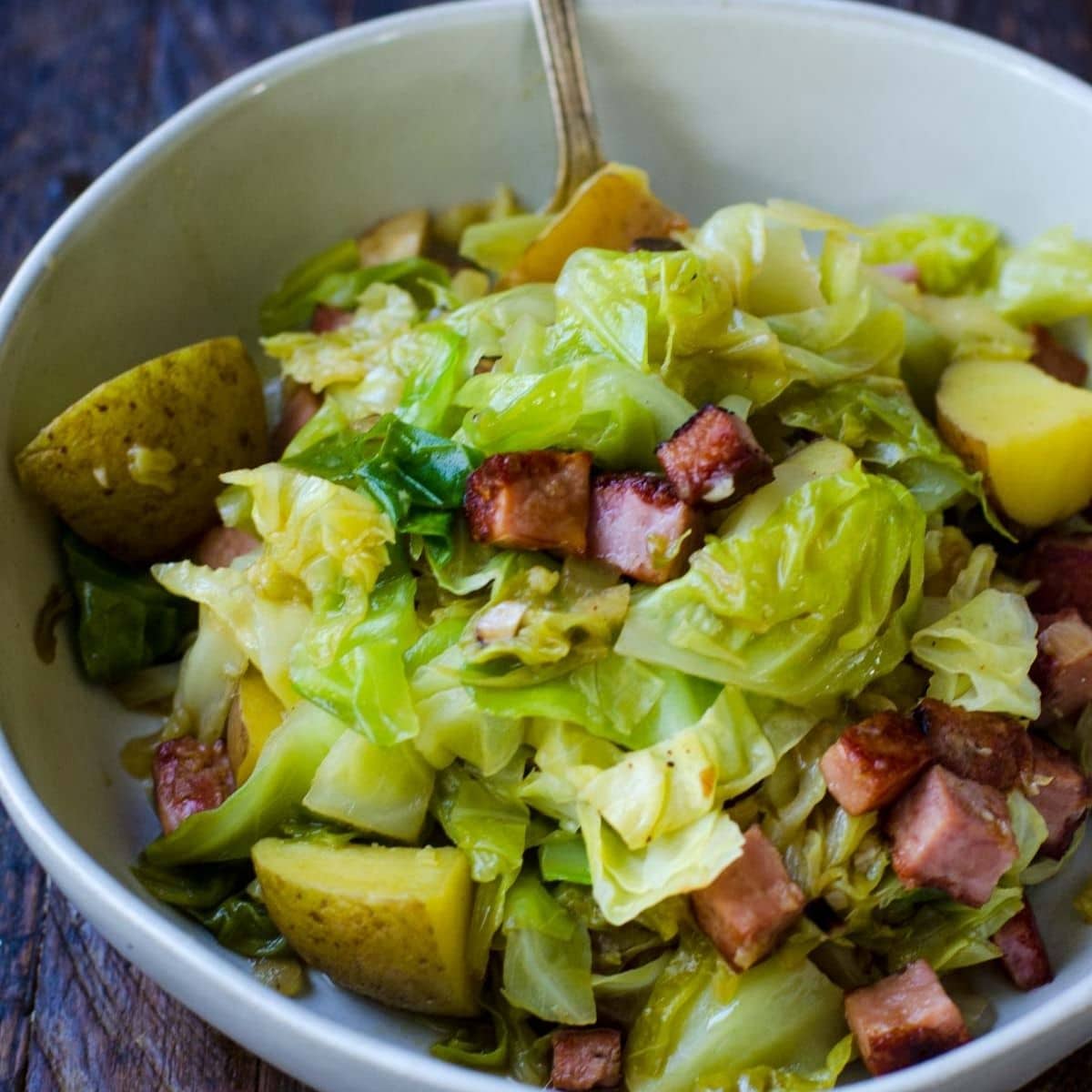 A bowl of ham and cabbage with potatoes and a fork.