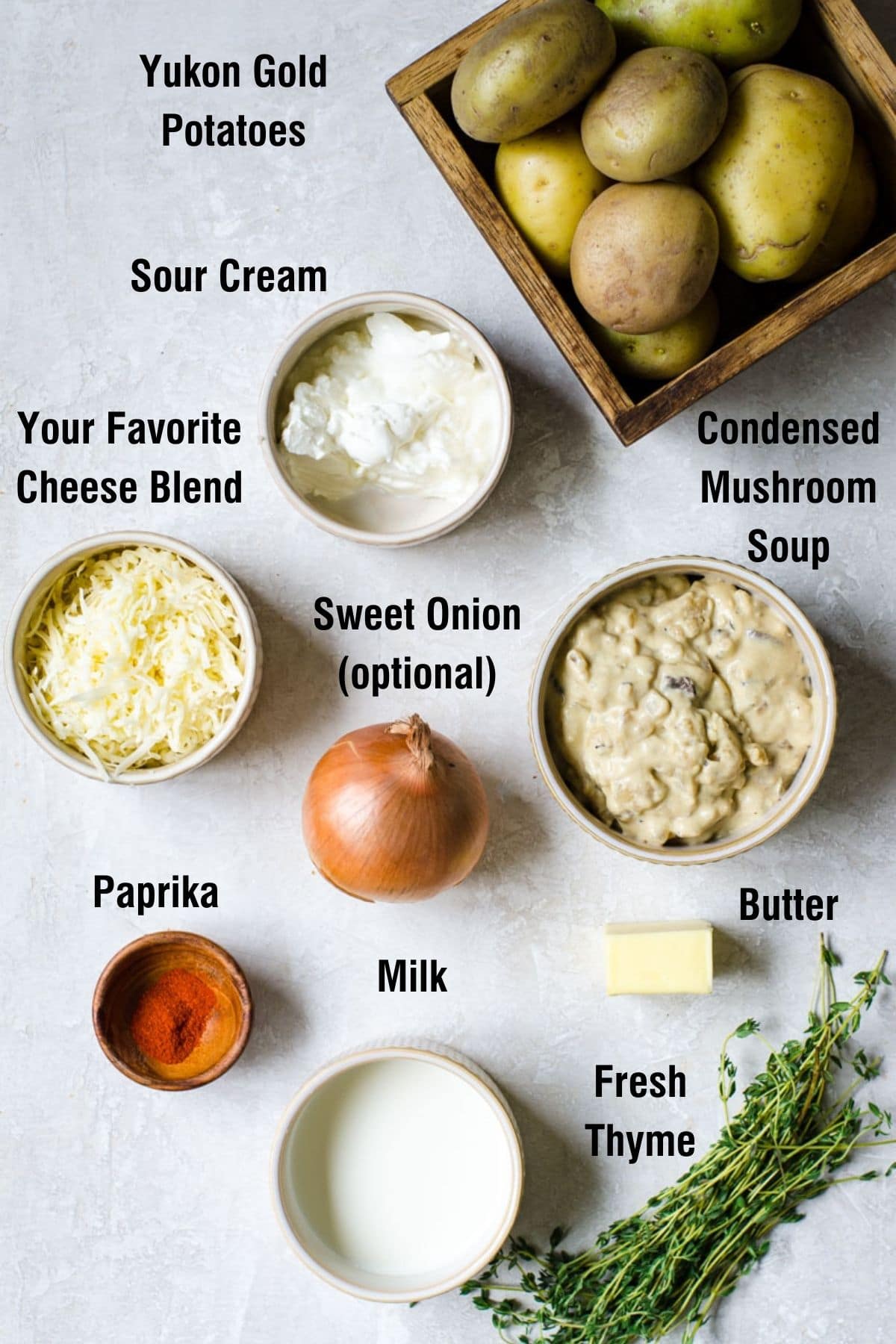 Labeled ingredients for making Scalloped Potatoes with Mushroom Soup