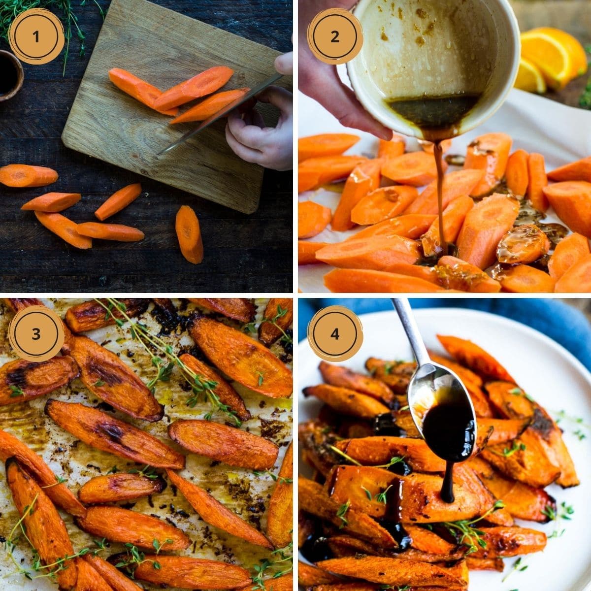 Four numbered square showing the steps for making Honey Balsamic Glazed Carrots.