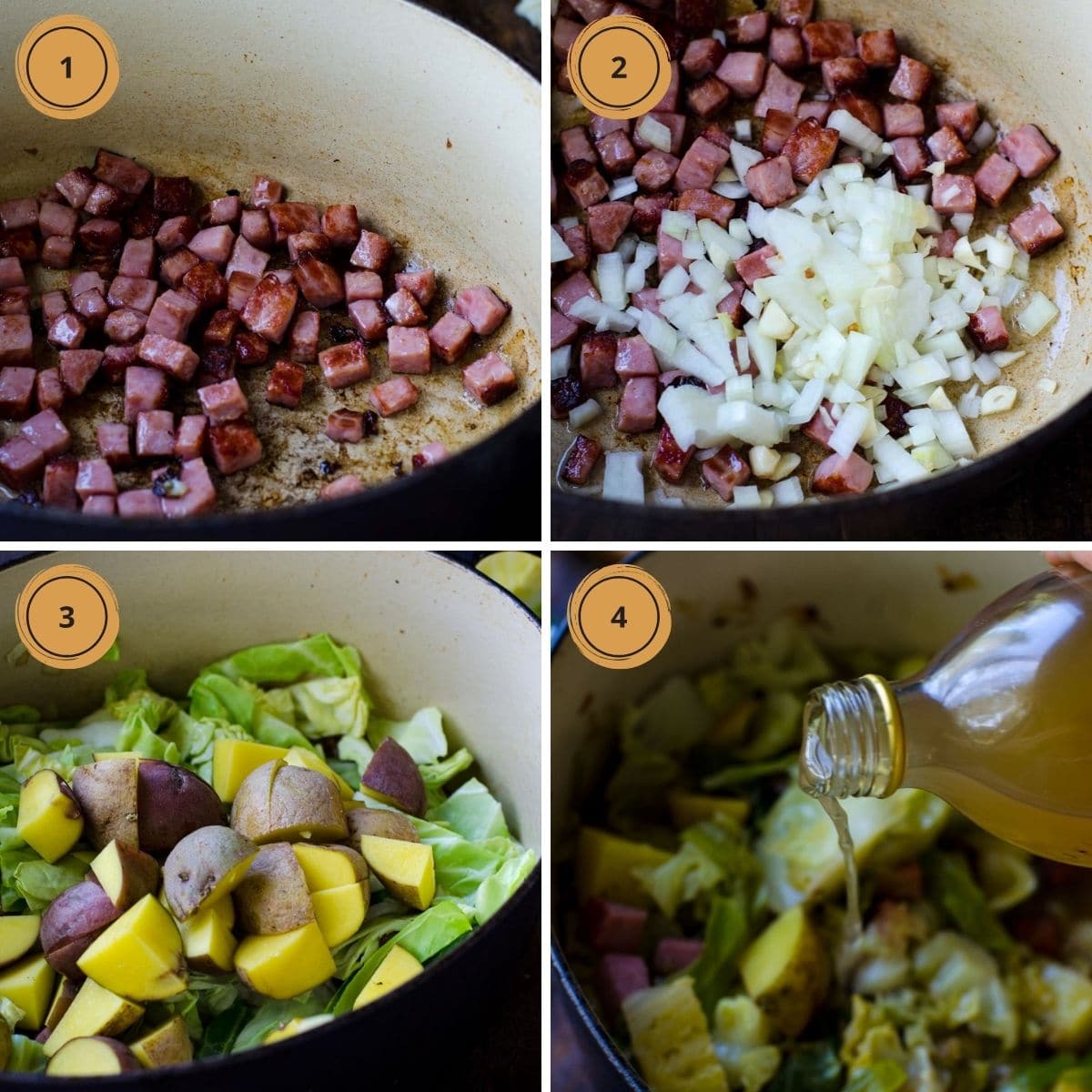 Four numbered squares showing the steps to making leftover ham and cabbage skillet.