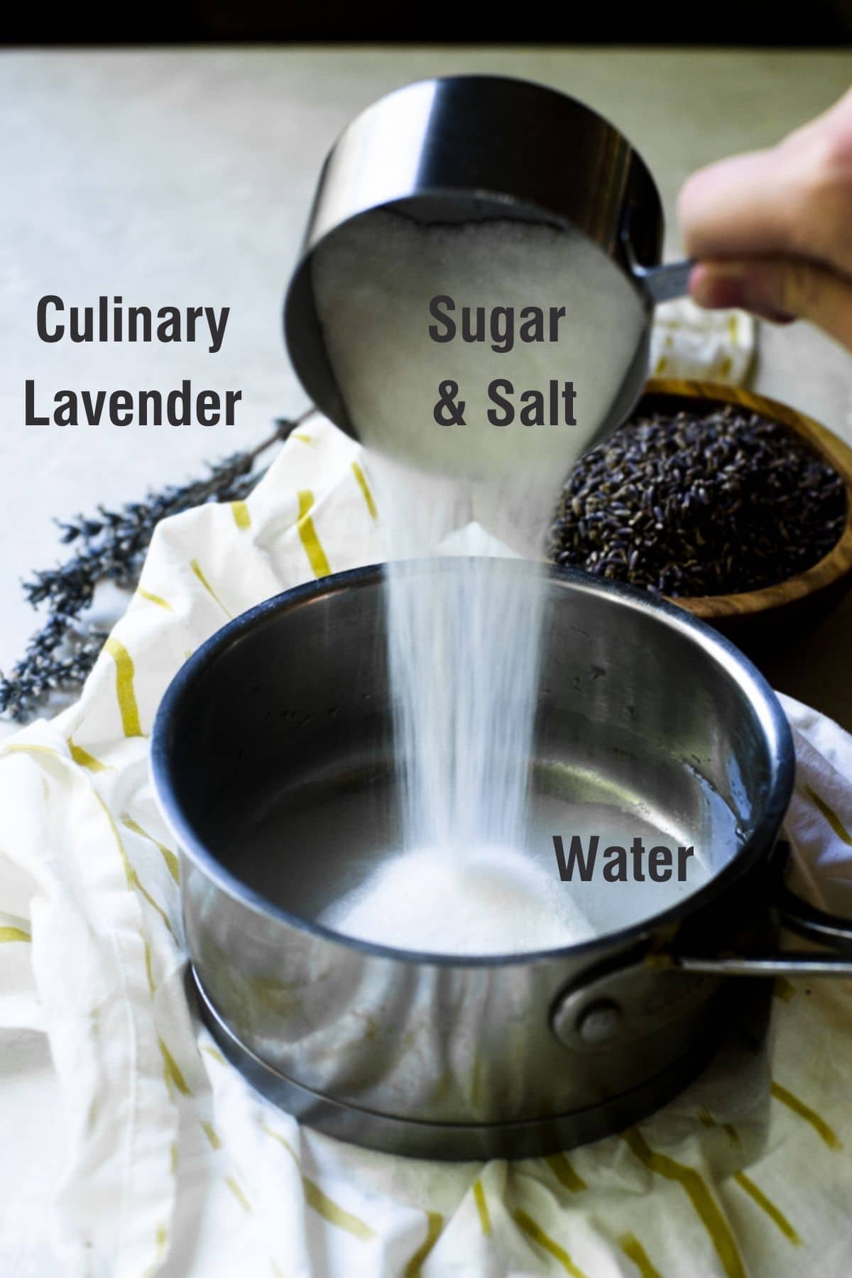 A hand pouring sugar into a pot.  Ingredient names for lavender simple syrup are on it.