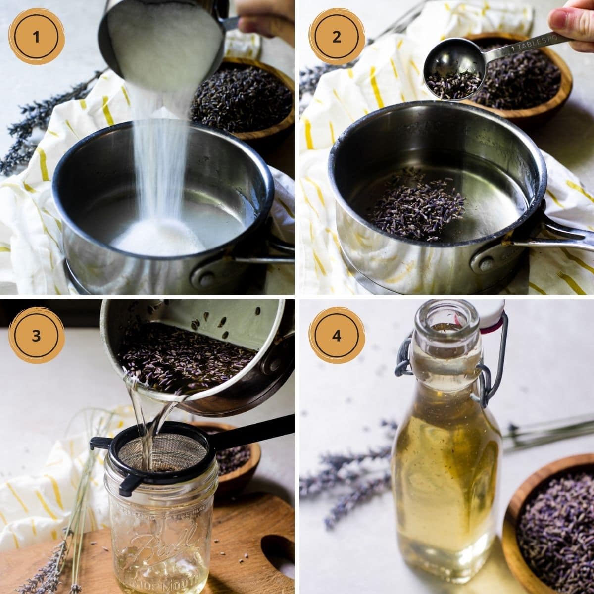 Four pictures showing the steps for making lavender simple syrup.