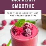 Purple text box saying "tangy raspberry smoothie" with a picture of raspberry smoothie below it.