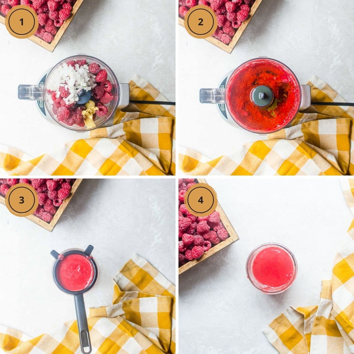 Four images showing the steps to make raspberry vinaigrette dressing.