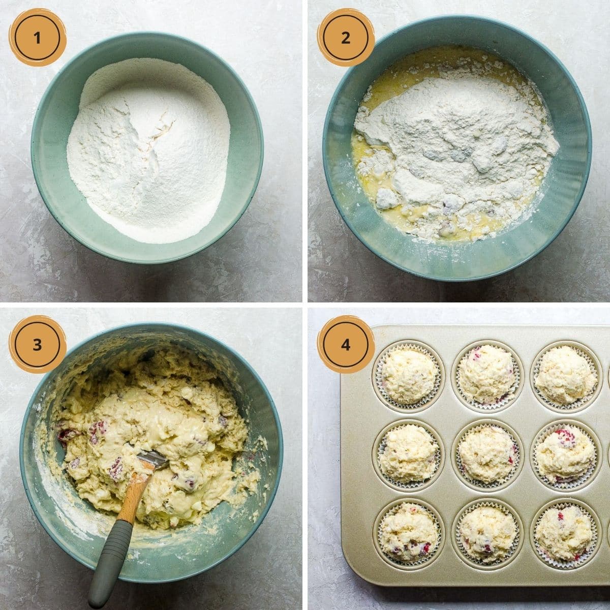 Four numbered steps for making raspberry white chocolate muffins.