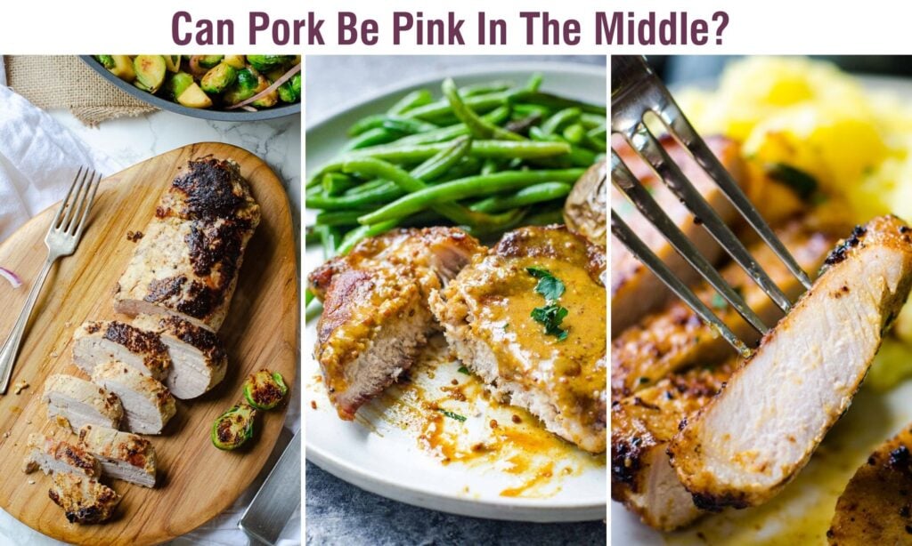 Three side by side pictures of cooked pork with text above saying "Can pork be pink in the middle?"